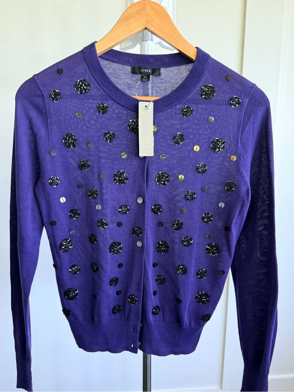 J. Crew Purple Sequin Disc Embellished Crewneck Cardigan